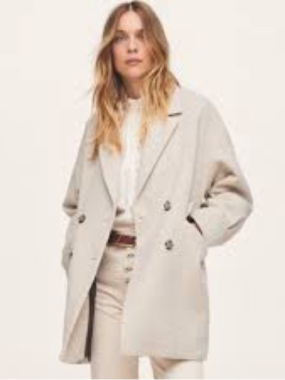 Mango Women's Herringbone Double-Breasted Coat Beige Wool-blend Size Small